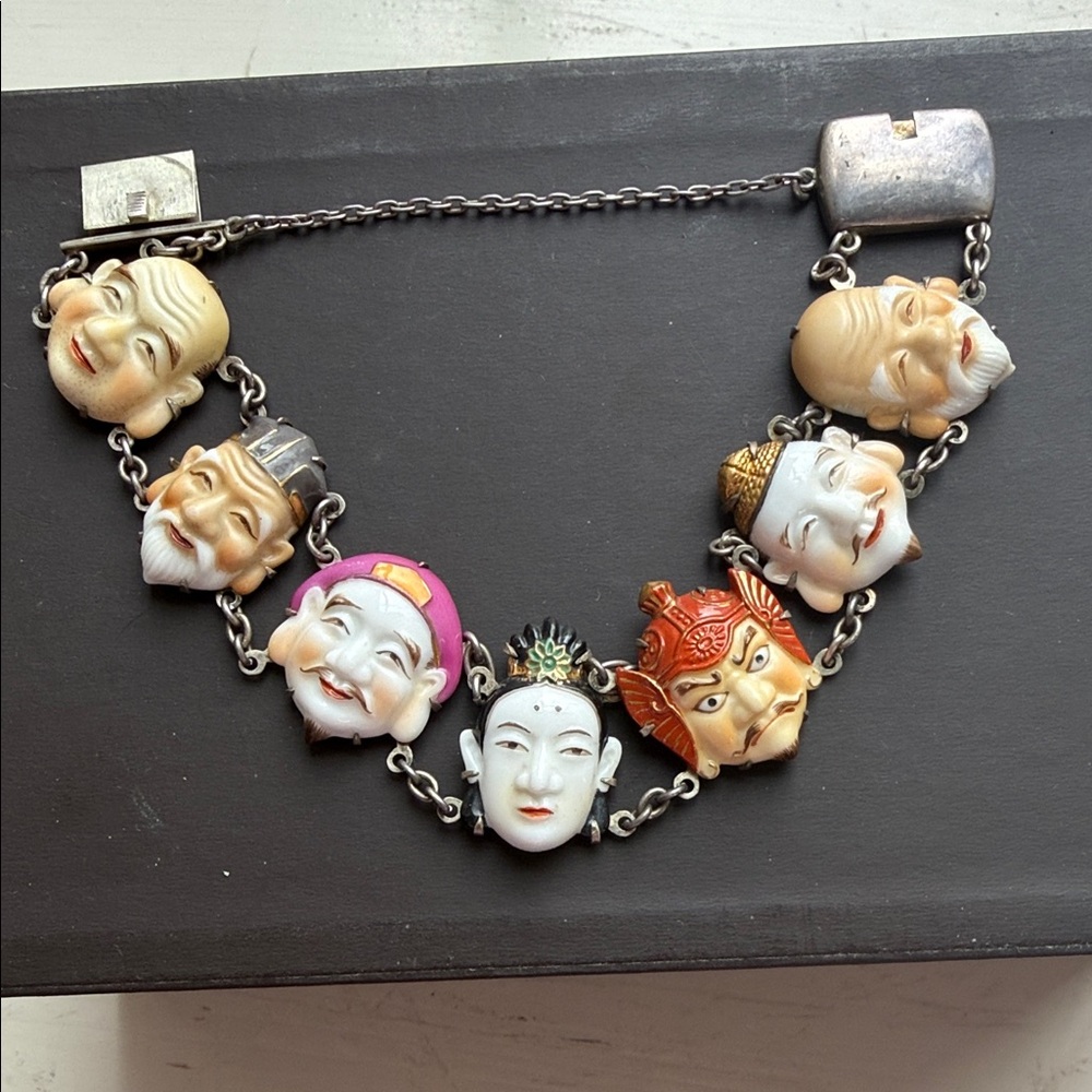 AUTHENTIC SIGNED TOSHIKANE JAPAN SILVER PORCELAIN 7 GODS GOOD FORTUNE BRACELET